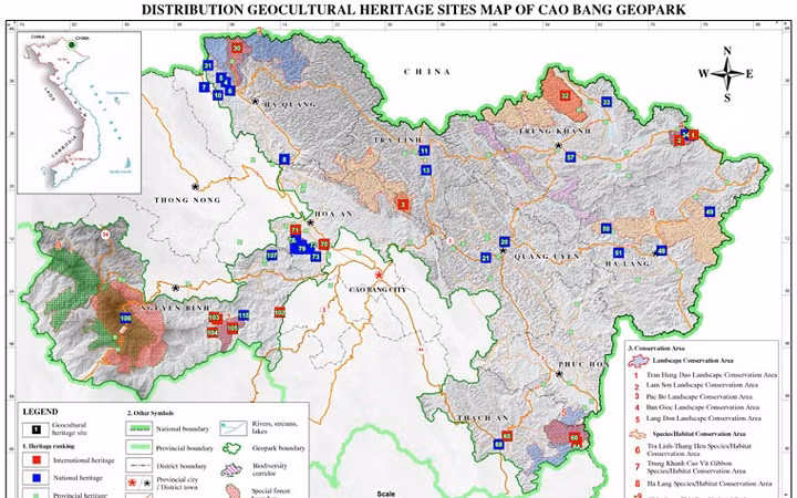  Công viên Địa chất Non nước Cao Bằng vừa được UNESCO công viên địa chất toàn cầu. CVĐC Non nước Cao Bằng có diện tích hơn 3.000km2, bao gồm 6 huyện: Hà Quảng, Trà Lĩnh, Quảng Uyên, Trùng Khánh, Hạ Lang, Phục Hòa và một phần diện tích các huyện Hòa An, Nguyên Bình và Thạch An