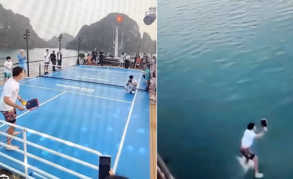 Cai ket vu khach choi pickleball tren boong tau, nhay xuong vinh Ha Long