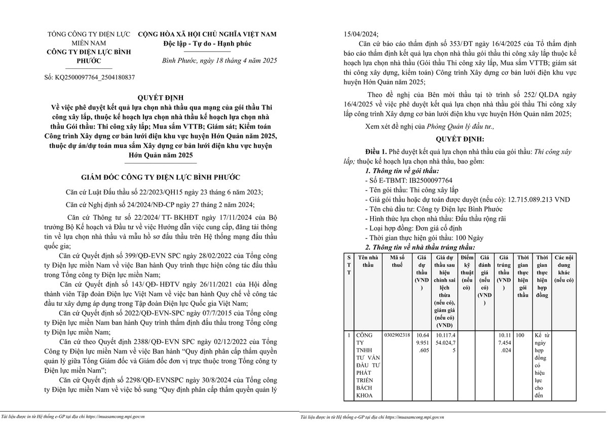 Điện lực Bình Phước: Cty Bách Khoa trúng gói xây lắp điện hơn 10 tỷ Dien luc Binh Phuoc: Cty Bach Khoa trung goi xay lap dien hon 10 ty