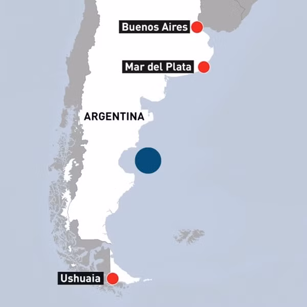 Vị trí được cho là nơi tàu ngầm ARA San Juan bị chìm hồi tháng 11 vừa rồi, tuy nhiên mọi nỗ lực tìm kiếm của hải quân Argentina đều chưa mang lại kết quả.