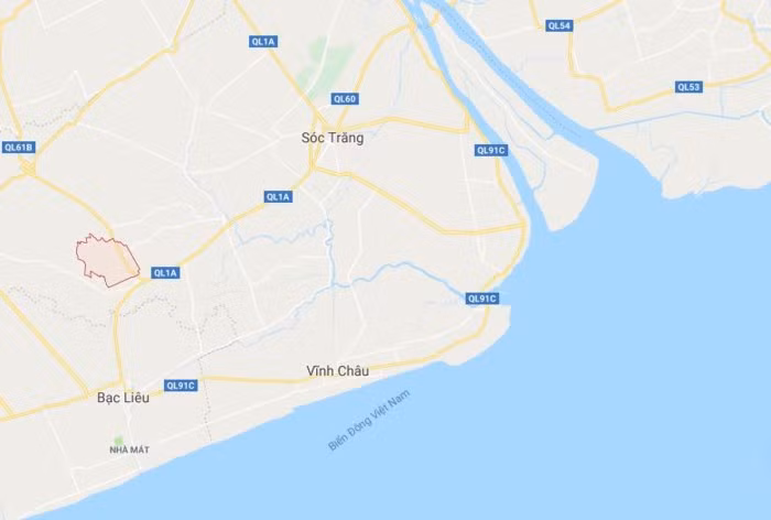 Xã Thạnh Trị (màu đỏ) ở Sóc Trăng. Ảnh: Google Maps.