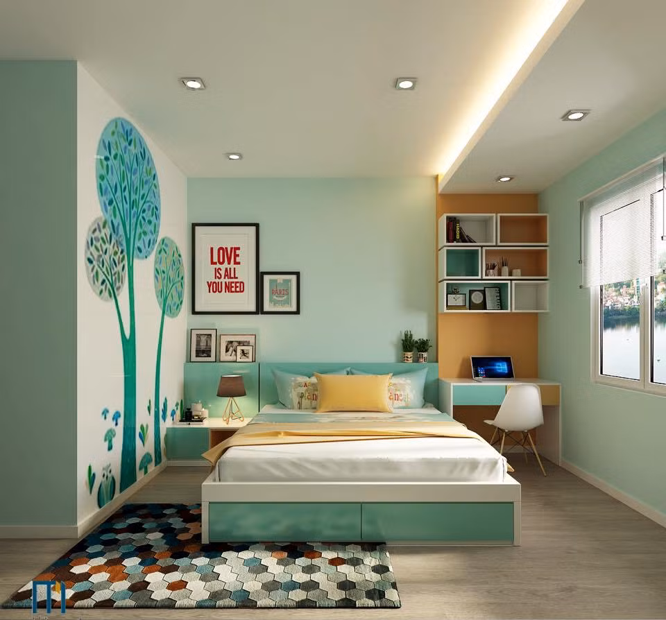 Đây được xem là căn phòng sinh động và phá cách nhất của ngôi nhà với gam màu xanh ngọc trẻ trung.