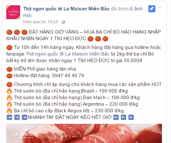 Một cửa hàng đang rao bán sườn bò Brazil trên mạng với giá 199.000 đồng/kg. Ảnh chụp màn hình.