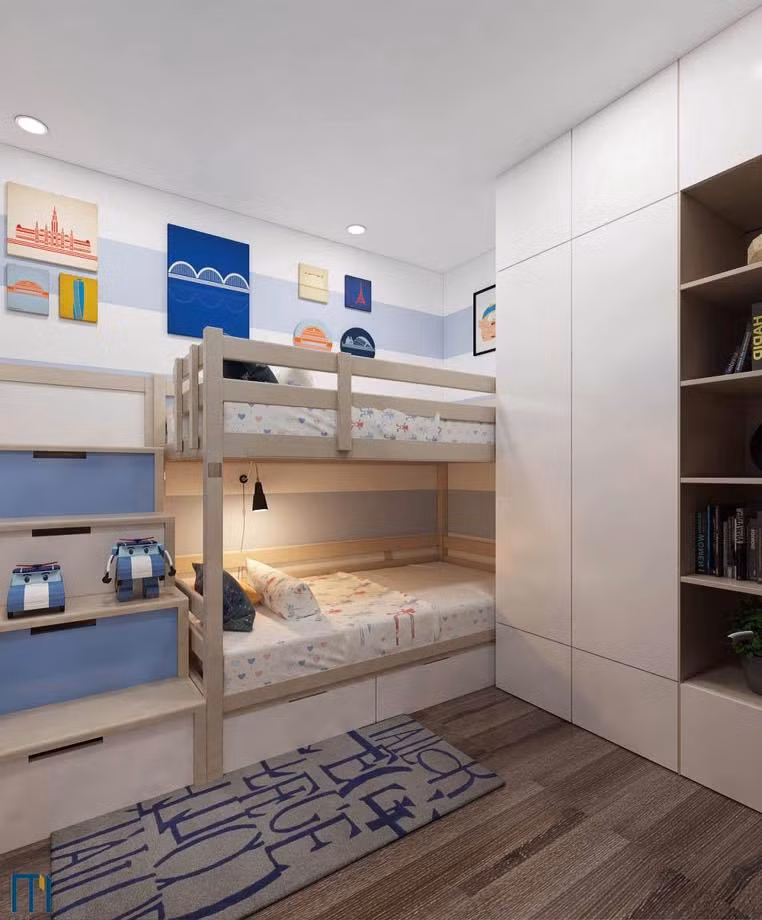 Phòng ngủ con trai gọn gàng với việc sử dụng giường tầng.