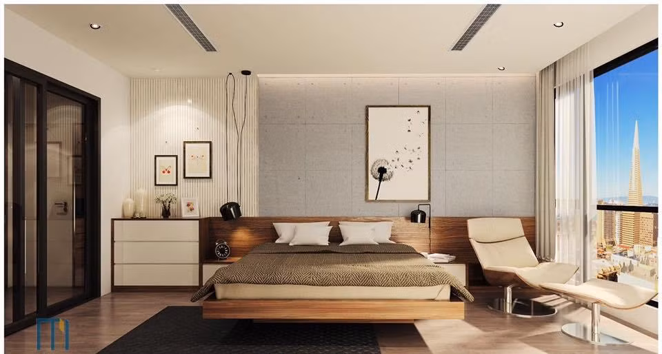 Phòng ngủ lớn của bố mẹ dùng gam trầm tạo cảm giác ấm cúng, sang trọng.