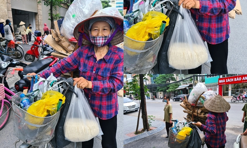 Treo túi gạo phía trước chiếc xe đạp đang chở đồng nát, bà Phan Thị Hoa (54 tuổi, quê Phú Thọ) vui mừng chia sẻ: “Tôi xuống đây thuê trọ để đi thu mua đồng nát. Với số gạo này tôi có thể ăn được cả tuần. Tôi thấy vui lắm, không ngờ ở thủ đô Hà Nội lại có những tấm lòng đẹp, cao thượng như thế này”.