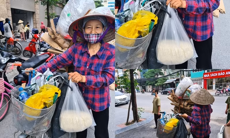 Treo túi gạo phía trước chiếc xe đạp đang chở đồng nát, bà Phan Thị Hoa (54 tuổi, quê Phú Thọ) vui mừng chia sẻ: “Tôi xuống đây thuê trọ để đi thu mua đồng nát. Với số gạo này tôi có thể ăn được cả tuần. Tôi thấy vui lắm, không ngờ ở thủ đô Hà Nội lại có những tấm lòng đẹp, cao thượng như thế này”.