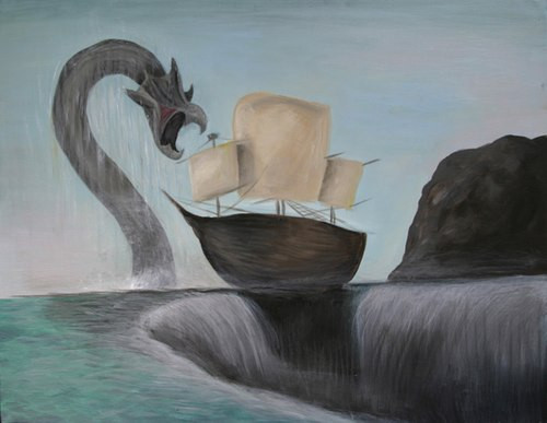 Thủy quái Charybdis trở thành nỗi khiếp đảm đối với người đi biển. Theo đó, cứ 3 ngày, Charybdis lại uống một lượng lớn nước biển vào rồi tạo nên những xoáy nước đột ngột, có thể làm đắm thuyền bất cứ lúc nào nếu thích. Nhiều con thuyền vỡ tan tành và các thủy thủ mất mạng. Ảnh: AS.