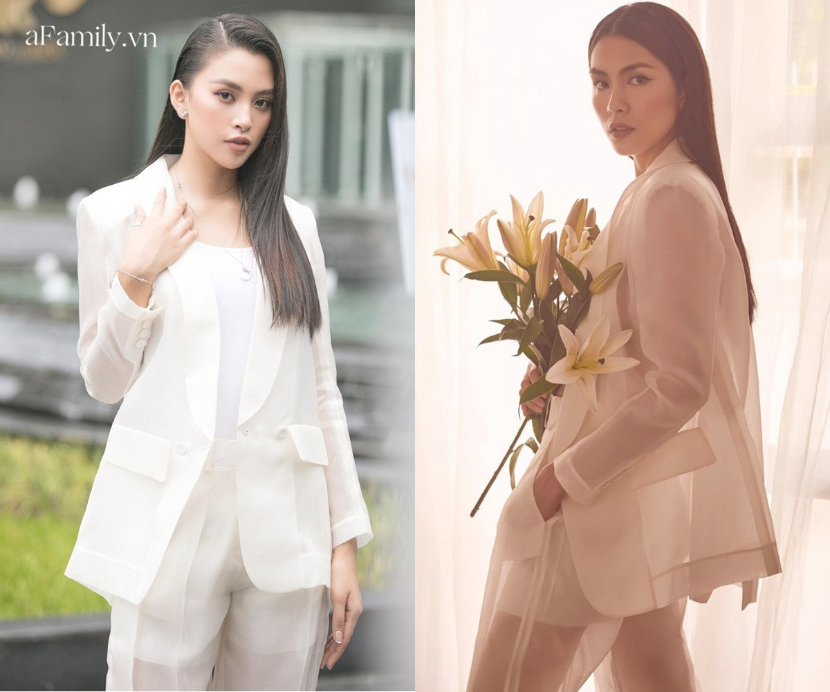 Cùng diện 1 bộ cánh, Hoa hậu Tiểu Vy và Hà Tăng đã tạo nên màn so kè thú vị. Chênh lệch 14 tuổi, nếu như Hà Tăng mang đến hình ảnh mặn mà đằm thắm thì nàng hậu Tiểu Vy lại đậm nét cá tính, gợi cảm, trẻ trung.