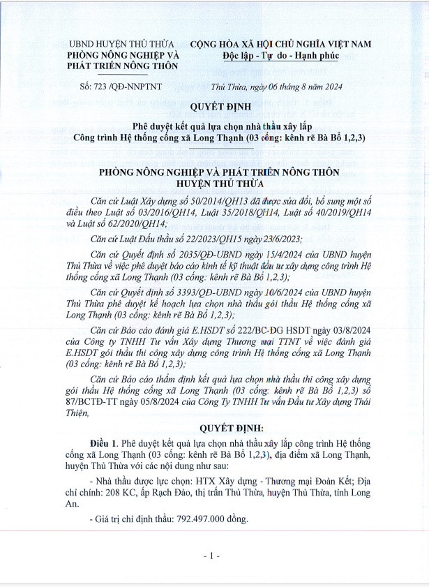 Long An: HTX Đoàn Kết 1 ngày trúng 2 gói thầu tại Thủ Thừa Long An: HTX Doan Ket 1 ngay trung 2 goi thau tai Thu Thua