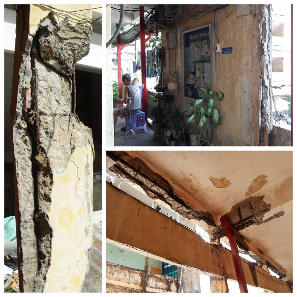 Hiện nay, 3 lô của chung cư đều xuống cấp gây nguy hiểm: tường cầu thang nứt toác, lộ cả cột sắt