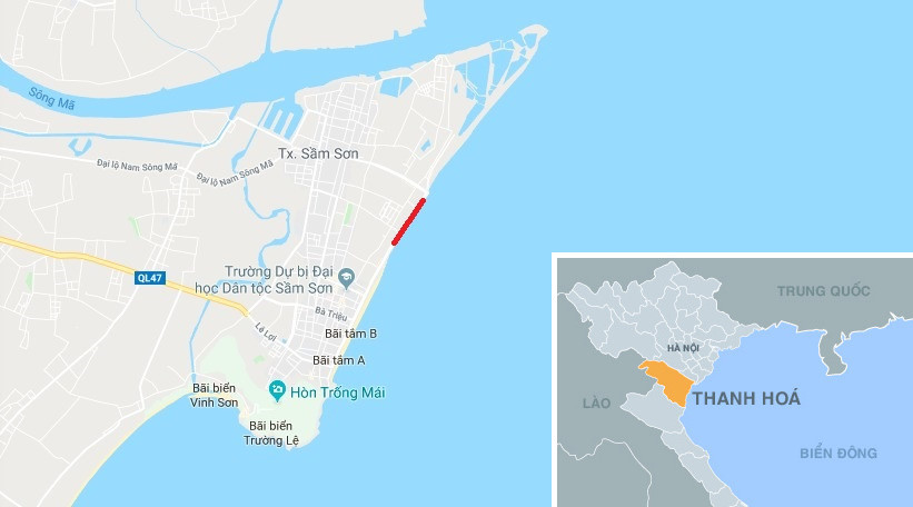 Vị trí bãi tắm D, Sầm Sơn (vạch đỏ). Ảnh: Google Maps.