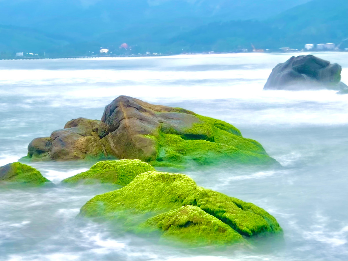 Lúc thủy triều rút, những bãi rêu tại ghềnh đá Nam Ô dần lộ ra, hòa với nước biển trong xanh, tạo nên một vẻ đẹp hoang sơ đầy thơ mộng.