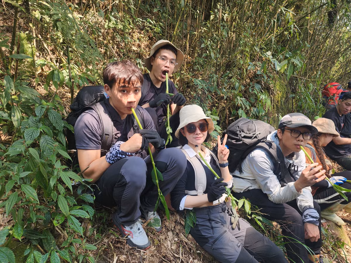 Tới điểm dừng chân nghỉ trưa, ngoài những phần thức ăn như xôi, giò,... Mà porter đã chuẩn bị từ trước, chúng tôi còn được các anh mời thưởng thức "cao lương mỹ vị" nơi núi rừng.