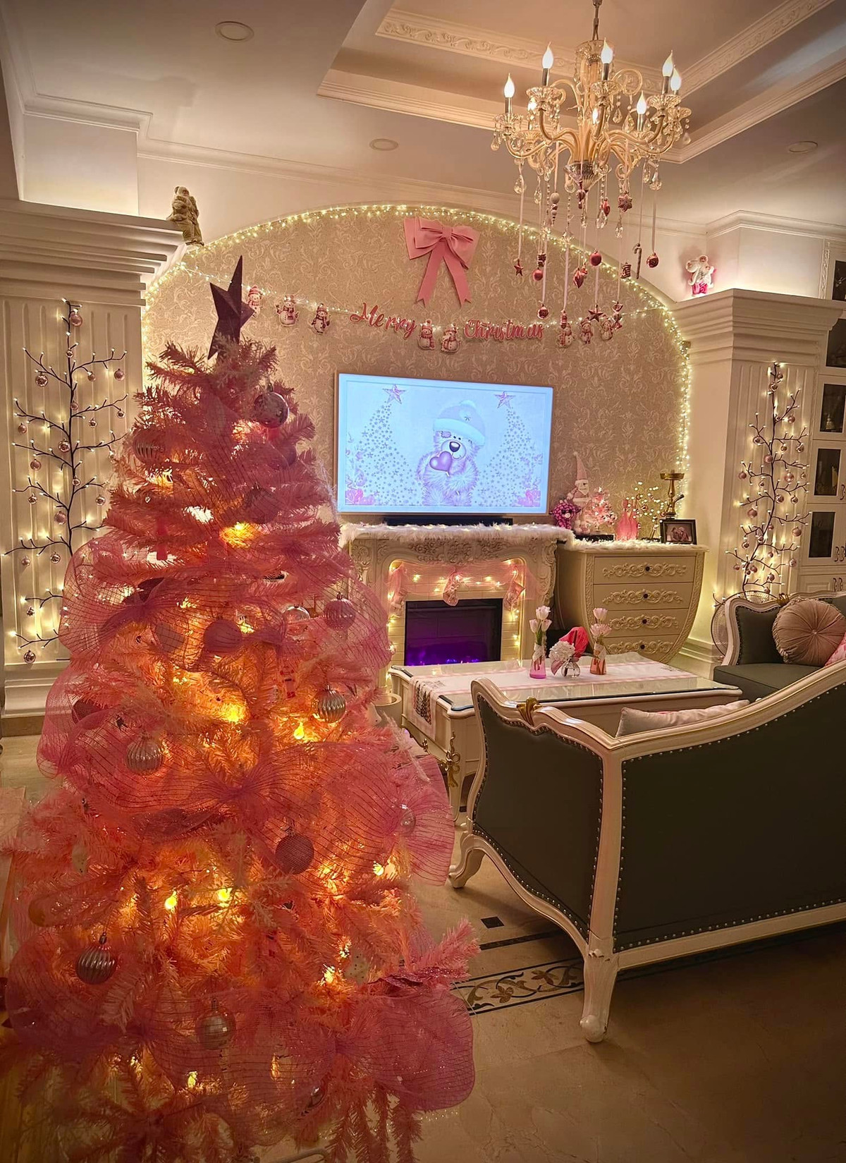 Mọi chi tiết trong nhà từ gối sofa đến đèn đều mang tông màu hồng đồng điệu. Ảnh: FB Bui Thuy Hanh