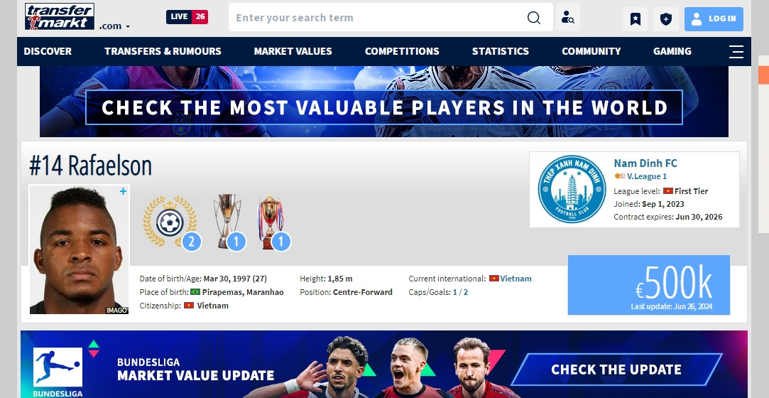 Theo định giá của chuyên trang Transfermarkt, Nguyễn Xuân Son trở thành cầu thủ đắt giá nhất của CLB Nam Định khi có giá 500.000 Euro (tương đương hơn 13 tỷ đồng). Ảnh chụp màn hình