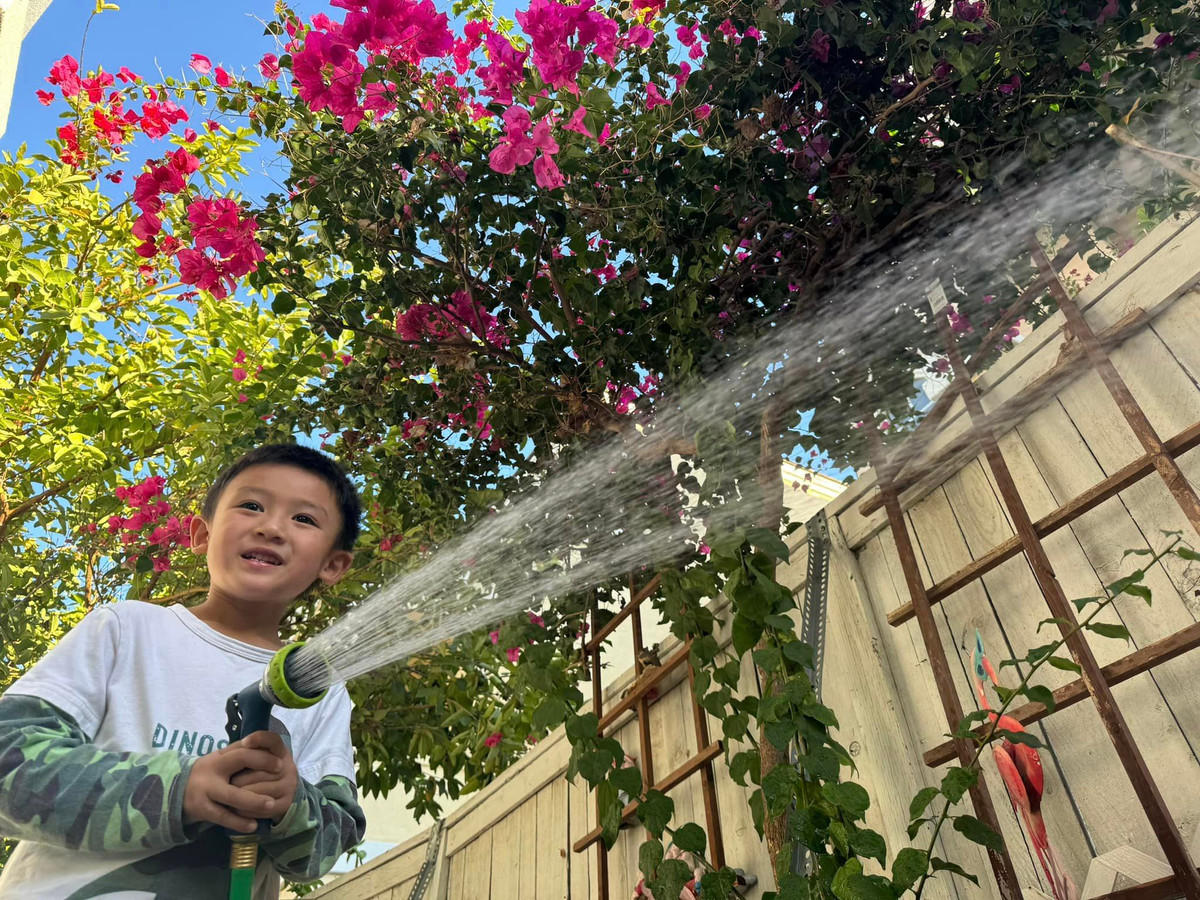 Mới đây, Wendy Phạm - con gái ca sĩ Phi Nhung chia sẻ hình ảnh con trai tưới cây trong một khu vườn nở đầy hoa. Bên dưới bài đăng, Wendy Phạm xác nhận đây là căn nhà của mẹ mình tại Mỹ. Ảnh: FBNV