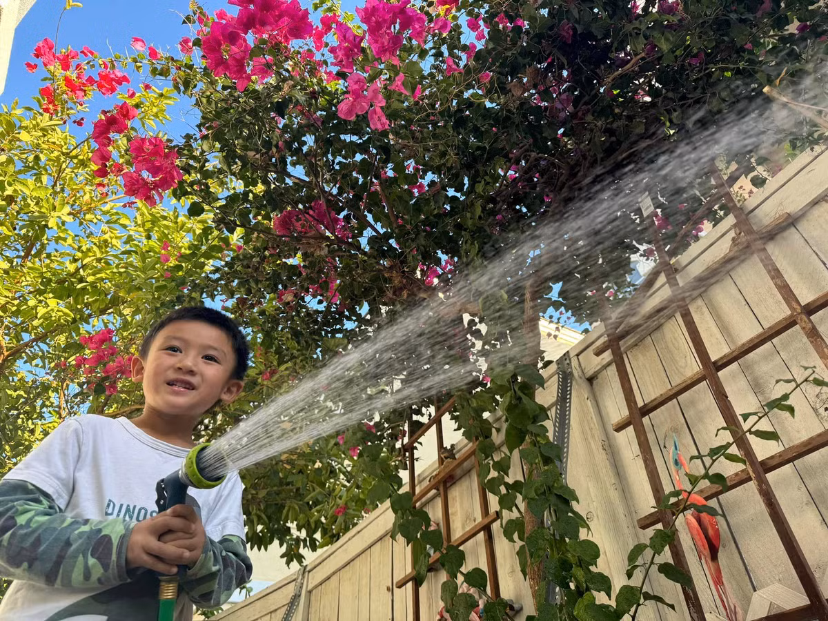 Mới đây, Wendy Phạm - con gái ca sĩ Phi Nhung chia sẻ hình ảnh con trai tưới cây trong một khu vườn nở đầy hoa. Bên dưới bài đăng, Wendy Phạm xác nhận đây là căn nhà của mẹ mình tại Mỹ. Ảnh: FBNV