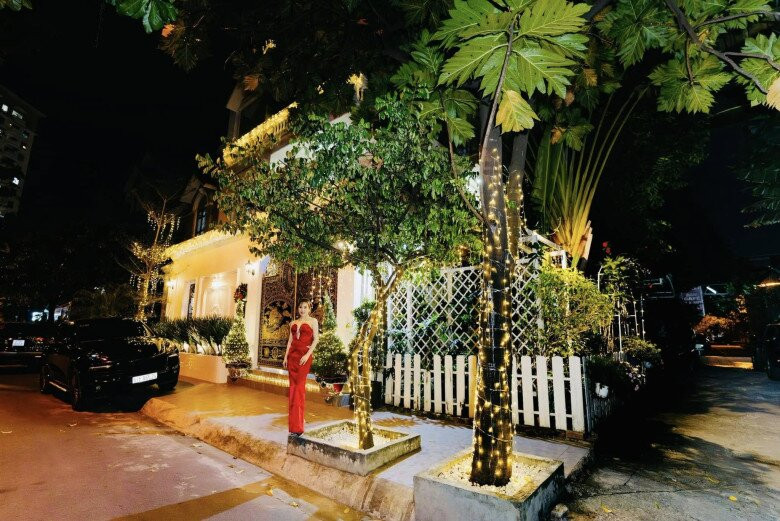 Cây xanh phía trước biệt thự được trang trí bằng dây đèn vàng ấm áp. Ánh sáng từ khung cửa hàng rào khiên nhiều người ngỡ như một ngôi làng Giáng sinh ở Châu Âu. Ảnh: FB Vy Oanh