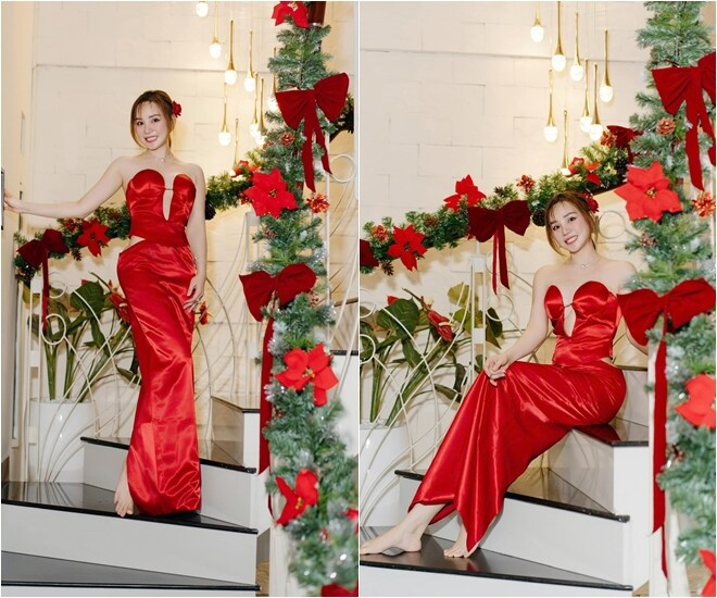 Cầu thang được trang trí vòng nguyệt quế kết hợp đèn treo ánh vàng làm bừng sáng cả không gian. Ảnh: FB Vy Oanh