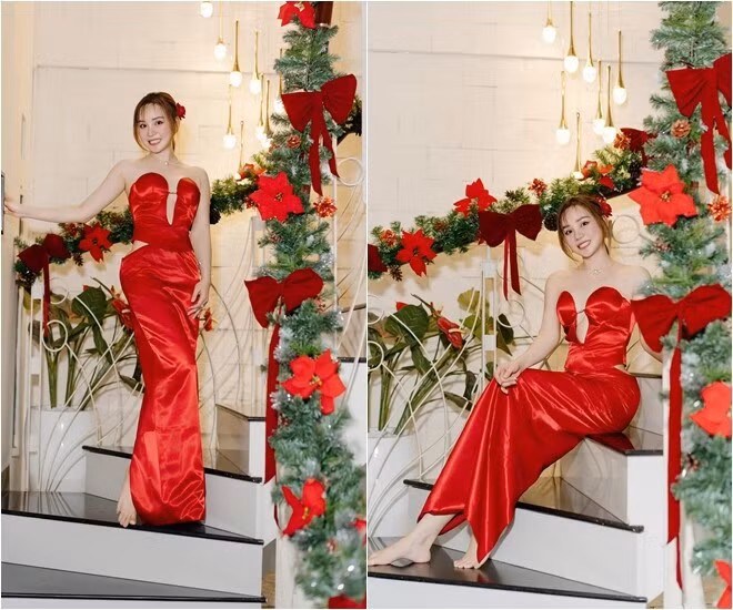 Cầu thang được trang trí vòng nguyệt quế kết hợp đèn treo ánh vàng làm bừng sáng cả không gian. Ảnh: FB Vy Oanh