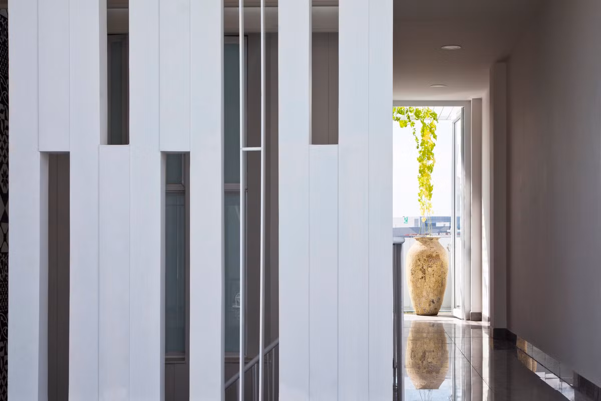 Nhờ thiết kế xen kẽ qua nhiều tầng lớp, ánh sáng vào nhà hoàn toàn gián tiếp với cường độ thích hợp ở mọi góc. Ảnh: Hiroyuki Oki