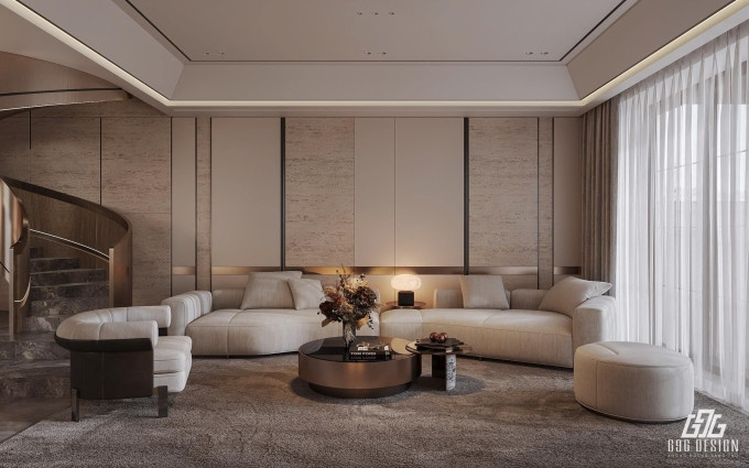 Phòng khách rộng với bộ sofa khổng lồ. Ảnh: 696 Design