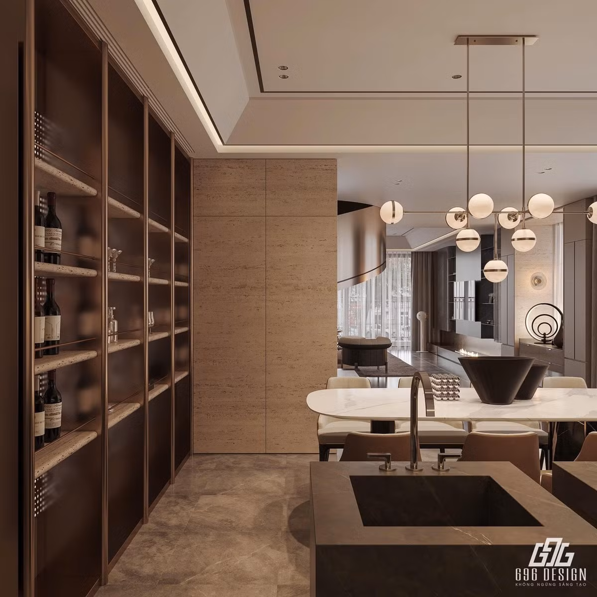 Các thiết bị gia dụng như tủ lạnh, lò nướng... được ưu tiên thiết kế âm tường giúp không gian vốn rộng càng thêm thoáng đãng. Ảnh: 696 Design