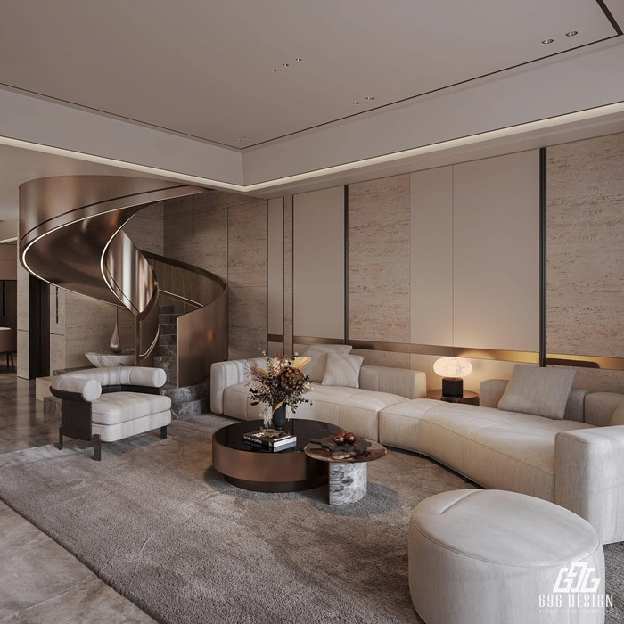 Cạnh sofa là cầu thang lên tầng 2, được thiết kế uốn lượn cực đẹp mắt. Ảnh: 696 Design