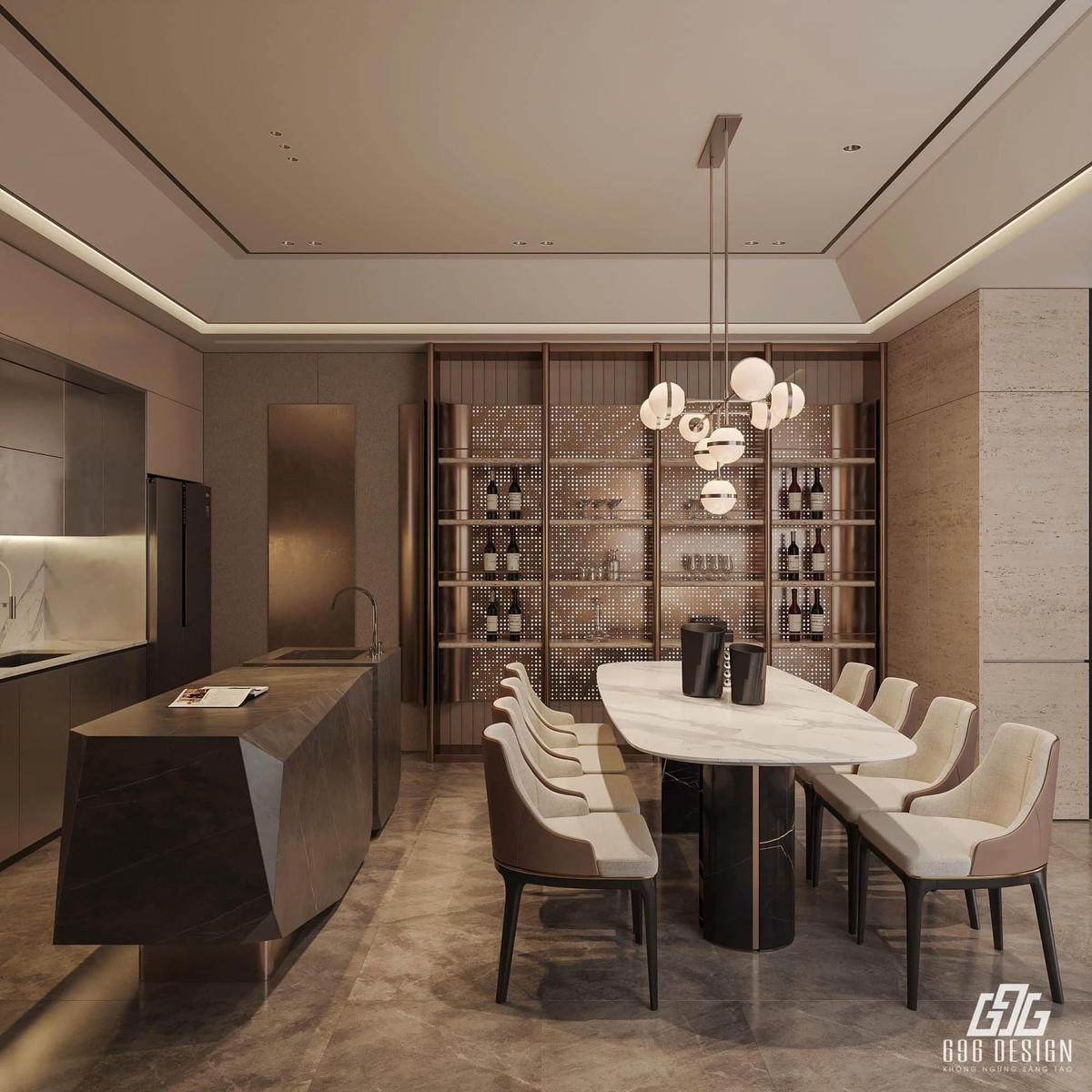 Phòng bếp có kệ tủ to để đựng rượu và ly. Ảnh: 696 Design