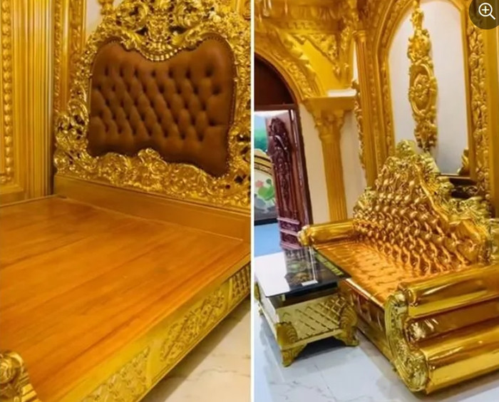 Nhiều nội thất, đồ dùng trong nhà như bàn ghế, đồng hồ... được dát vàng 24k và vàng công nghiệp tỉ mỉ. Ảnh: Facebook