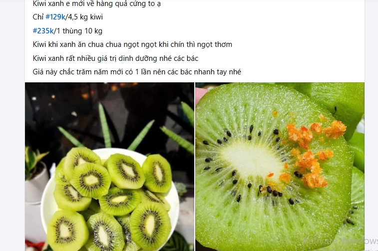 Trên chợ mạng, một thùng kiwi xanh 10kg đang được rao bán từ 200.000 - 235.000 đồng, tương đương 20.000 - 23.000 đồng/kg. Ảnh chụp màn hình