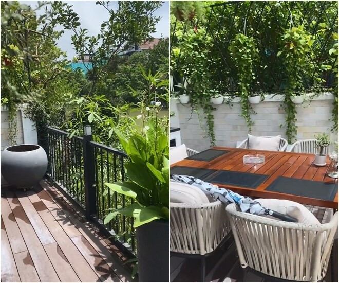 Góc sân vườn lãng mạn với hàng cây xanh mướt và bàn ghế gọn gàng. Ảnh: FBNV