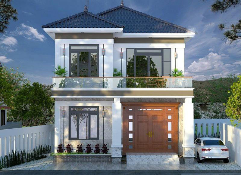 Nhà 2 tầng mái Nhật có hình dáng vuông vắn, cân đối, tạo cảm giác chắc chắn. Với mẫu nhà này có thể bố tri các phòng chức năng linh hoạt, phù hợp với nhu cầu. Ảnh: Shome