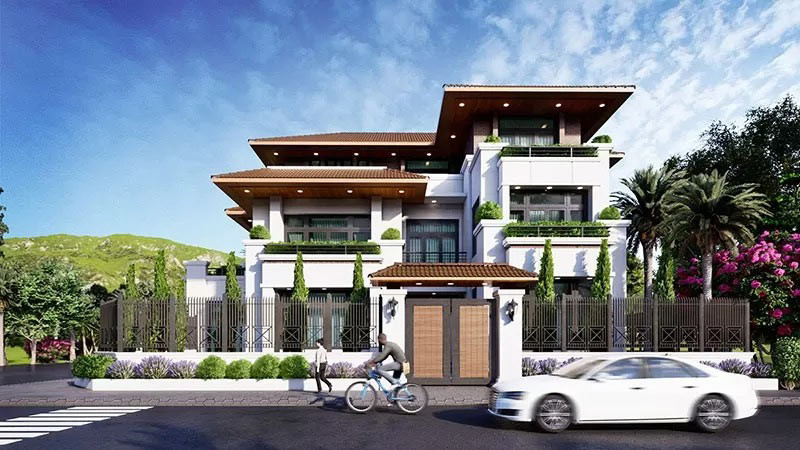 Nhà mái Nhật 2 mặt tiền giúp tận dụng tối đa ánh sáng tự nhiên. Thiết kế chú trọng đến việc tạo sự cân đối, hài hòa giữa hai mặt tiền. Ảnh: Shome