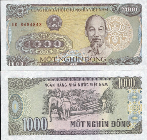 Tờ 1.000 đồng, phát hành năm 1989 có màu sắc tổng thể là màu tím. Ảnh: Internet