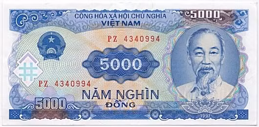 Tờ giấy bạc 5.000 đồng phát hành năm 1993 in hình ảnh nhà máy thủy điện Trị An, được xây dựng trên sông Đồng Nai. Ảnh: Wiki