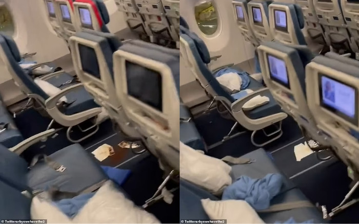 Đoạn video cho thấy, một hành khách bị tiêu chảy dẫn đên dọc hành lang máy bay là chất thải cùng những tờ giấy ăn. Vì thế, máy bay chưa kịp đến Đại Tây Dương đã buộc phải quay lại. Ảnh: DM