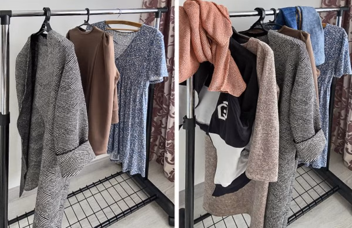 Thay vì chiếc tủ như bình thường, nhiều người chọn giá treo quần áo cho hợp mốt. Nhưng trong cuộc sống thực, một chiếc giá treo quần áo trở nên lộn xộn khá nhanh vì không phải lúc nào cũng sẵn sàng sắp xếp lại đồ đạc gọn gàng. Ảnh: Brightside