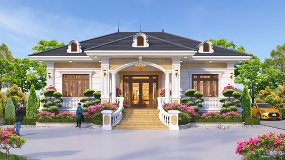 Mẫu nhà cấp 4 mái Nhật được tô điểm bởi nhiều cây cảnh, hoa rực rỡ. Ảnh: Xaynhadeponline