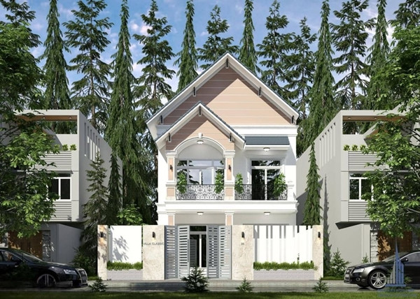 Nhà 2 tầng phong cách tân cổ điển nổi bật với những đường nét tinh tế và sự bề thế. Mặt tiền được trang trí bằng đá tự nhiên vân mây cùng màu trắng thanh lịch tạo vẻ đẹp hoàng gia. Ảnh: Wedo