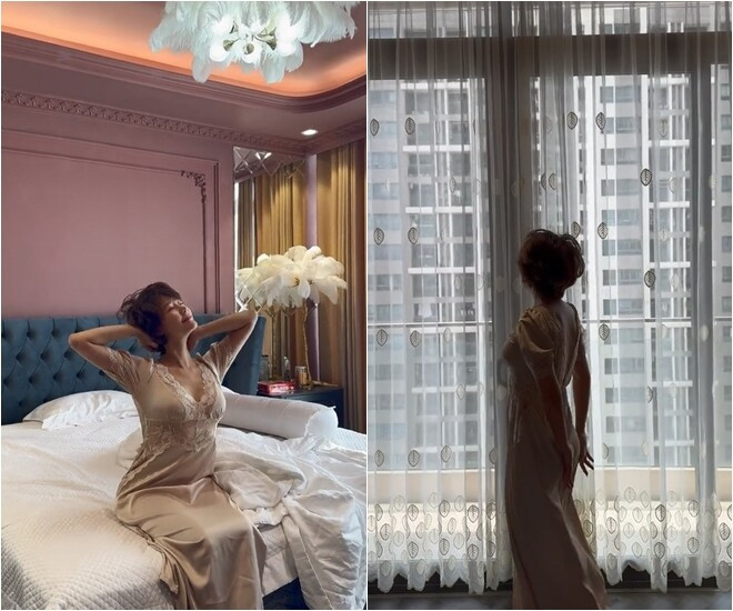 Phòng ngủ sử dụng tông màu pastel với chiếc giường lớn bọc nêm nhung xanh dương mang phong cách cổ điển. Ảnh: FBNV