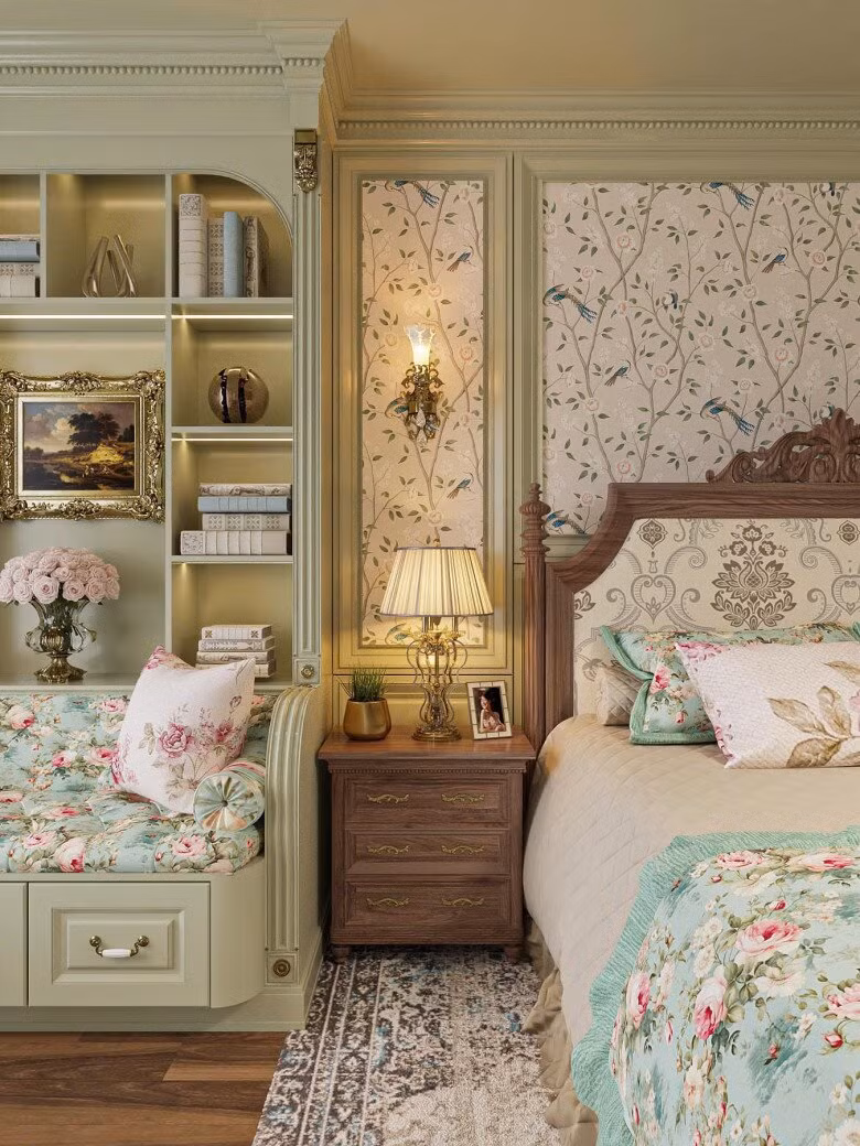 Góc nhỏ cạnh giường ngủ được bài trí ghế ngồi bọc vải hoa vintage và bàn trà gỗ nhỏ. Ảnh: FBNV