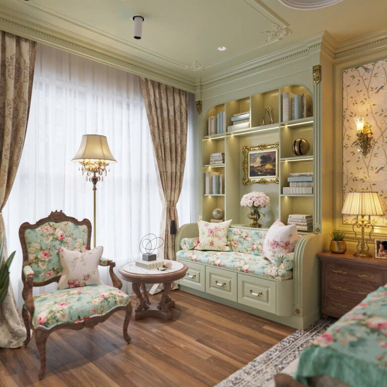 Từng góc nhỏ trong phòng đều được Hoàng Kim Ngọc chăm chút cẩn thận, từ giấy dán tường đến bàn cổ điển. Ảnh: FBNV