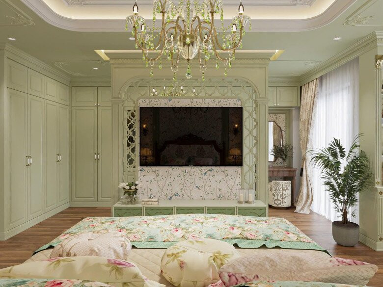 Bộ chăn gối họa tiết hoa lá nhấn mạnh vẻ lãng mạn của không gian, mang lại sự ấm áp. Ảnh: FBNV