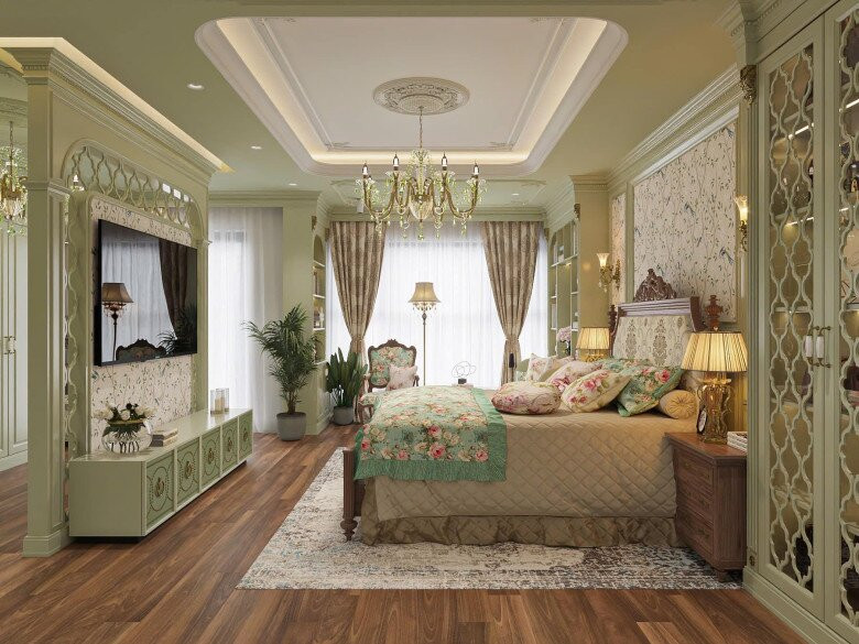 Theo thiết kế, phòng ngủ mang phong cách cổ điển Châu Âu với chiếc tủ xanh pastel kết hợp đèn tưởng cổ điển, tạo cảm giác thanh lịch. Ảnh: FBNV