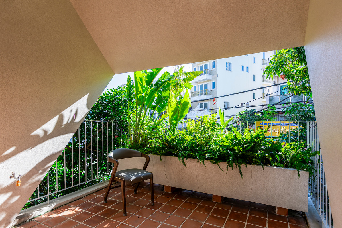 Cây xanh trồng ở ban công tầng 2 tạo thành lớp đệm ngăn bức xạ nhiệt từ phía Tây và tăng yếu tố riêng tư cho gia chủ. Ảnh: Paul Phan