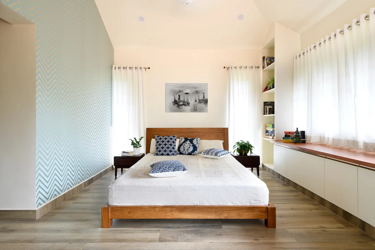 Khối thứ ba là không gian nghỉ ngơi của gia đình với phòng ngủ master và phòng ngủ cho khách ở tầng 1, tầng 2 gồm 2 phòng ngủ cho các con. Ảnh: Architecturaldigest