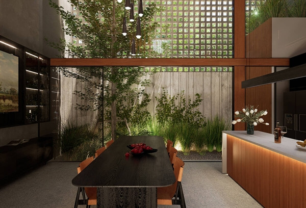 Cách thiết này tạo ra “khoảng thở” giúp không khí đối lưu tự nhiên qua các lỗ gạch. Ảnh: Tran Trung Architects