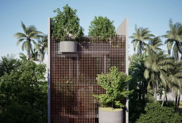 Mặt tiền hướng Tây và mặt sau hướng Đông được thiết kế thông thoáng bằng cách sử dụng hệ vỏ gạch nung kết hợp với khung thép treo. Ảnh: Tran Trung Architects